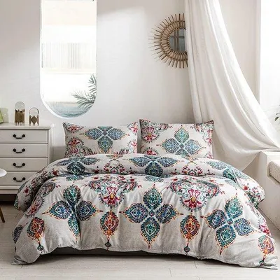 Produktbild von Bohemian Bettwäsche, 220 x 240 cm, turkis, boho, indische Mandalabild, Bettwäschenduett mit versteckter Reißverschluss und 2 Kissenbezügen 80 x 80 cm, weiches Mikrofaser Bettwäschenset, 3-teilig