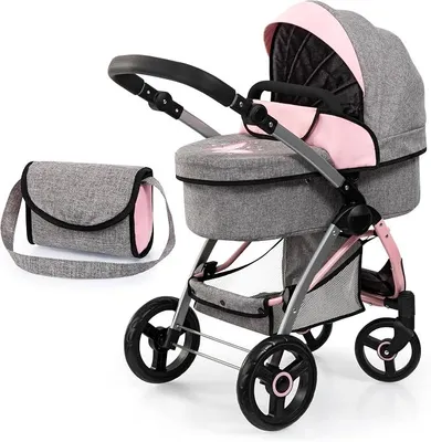 Imagen del producto de Cochecito para muñecas City Max con bolso, altura ajustable, ruedas delanteras giratorias, convertible en un cochecito para correr, cesta integrada, color gris vaquero, rosa, 27x29x16 pulgadas