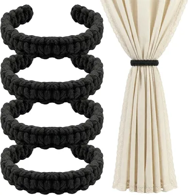 Image de 2 supports de rideaux de style bohème, tressés, de couleur noire, pour salon, supports de rideaux décoratifs