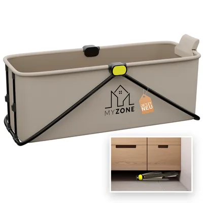 Produktbild von MyZone Faltbare Badewanne Grau 150x60x50 cm, Platzsparend, für 2 Personen, Ergonomisch, mit beweglicher Kopfstütze und extra dickem Boden, Robust, Optionale Abdeckung, Multifunktional als Dusch-, Eis- & Warmbadewanne sowie Planschbecken für Innen & Außen, RapidFold Technologie, 6-Layer ThermoShield Isolierung