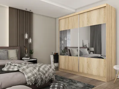 Produktbild von ALTDECOR Kleiderschrank mit Spiegel und Schiebetüren, kugelgelagerte Führungsschienen und Aluminium-Leisten, mit LED-Beleuchtung und Fernbedienung - CELI - 200 cm - Sonoma