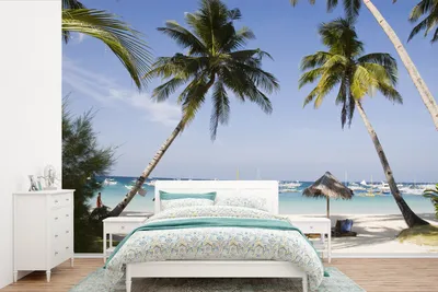 Produktbild von MuchoWow® Fototapete für Wohnzimmer oder Schlafzimmer Wandtapete Vinyl Motivtapete Palmen und Liegestühle am Strand von Boracay - 600x400 cm - Vinyltapeten