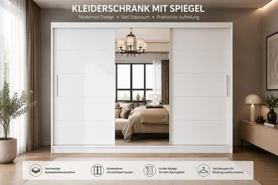 Produktbild von Schwebetürenschrank ABLA II Weiß 250x218x61 cm, 2-türiger Kleiderschrank mit Spiegel, 9 Einlegeböden und Kleiderstange