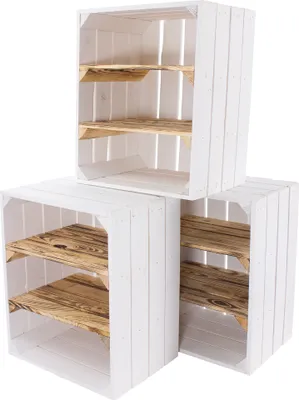 Produktbild von 3er Set Weiße Holzkiste mit 2 geflammten Mittelbrettern quer 50cm x 40cm x 30cm Obstkiste mit Zwischenbretter Weinkisten flambiert Wandregal Gartendeko Küchenregal