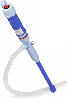 A blue and light blue electric pump with a white corrugated hose.
