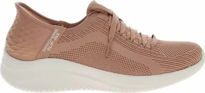 A side view of a tan Skechers Slip-Ins Ultra Flex 3.0 sneaker against a white background.