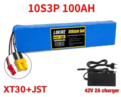 Image de Batterie pour trottinette électrique 36 V - Lithium-ion 10S3P 100 Ah - Puissance 1 000 W - Pack de cellules 18650 - Avec BMS - Connecteur XT30 JST - Chargeur inclus - Chargeur XT30 JST