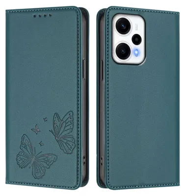 Obrázek produktu pro Kožené pouzdro pro Xiaomi Poco F5/Redmi Note 12 Turbo 5G, motýlí ražbou, peněženkové flip pouzdro se stojánkem Zelená