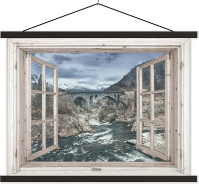 Produktbild von MuchoWow® Textilposter Aussicht - Brücke - Wasser 150x113 cm mit schwarzem Rahmen - Wohnzimmer