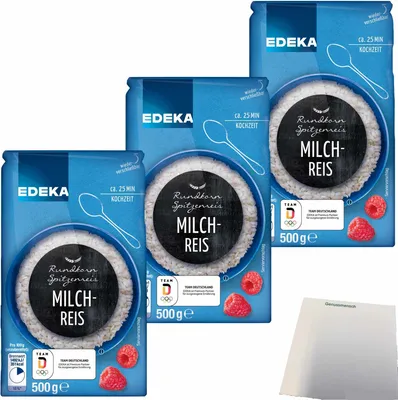 Produktbild von Edeka Rundkorn Milchreis Spitzenreis 3er Pack (3x500g Packung) + usy Block