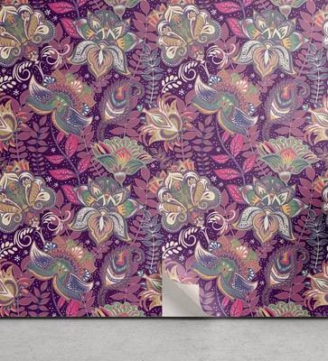 Produktbild von ABAKUHAUS Blumen abziehbare & klebbare Tapete für Zuhause, Blumen und Mehndi, selbstklebendes Wohnzimmer Küchenakzent, 33 cm x 90 cm, Mauve Grün