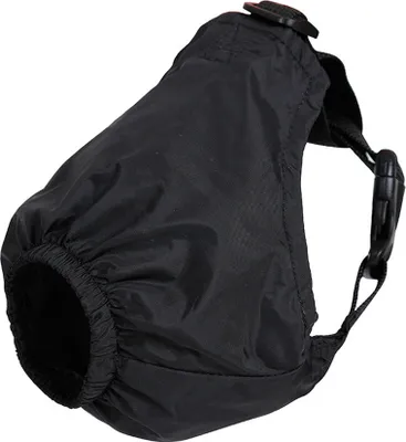 A black dog muzzle is shown against a white background.