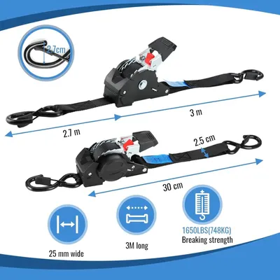 Immagine prodotto di Cinghia di fissaggio - Cinghia di fissaggio con cricchetto a riavvolgimento automatico - Set da 2 - Ganci a S - 3 m x 25 mm - Capacità di carico 137 kg - Indaco