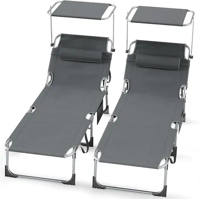 Imagen del producto de Juego de dos tumbonas plegables, 194 x 68 x 29 cm, fabricadas en aluminio. Cada tumbona soporta hasta 150 kg. Ideales para la playa, el jardín o la piscina, resistentes a la intemperie y con protección solar. Respaldo ajustable, color gris oscuro