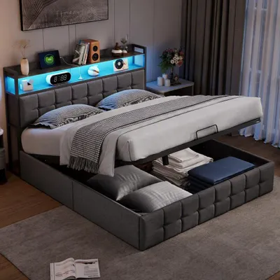 Produktbild von INONEFT Boxspringbett 160x200 cm, Polsterbett mit Hydraulisch Stauraum, Doppelbett mit LED Beleuchtung und USB Anschlüsse, Leinen Grau, Ohne Matratze