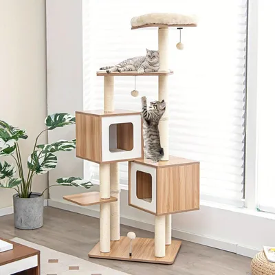 Obrázek produktu pro Kočičí strom – Kočičí domeček – Škrabadlo – 163 cm vysoké – Materiál: MDF a sisal – 2 prostorné pelíšky