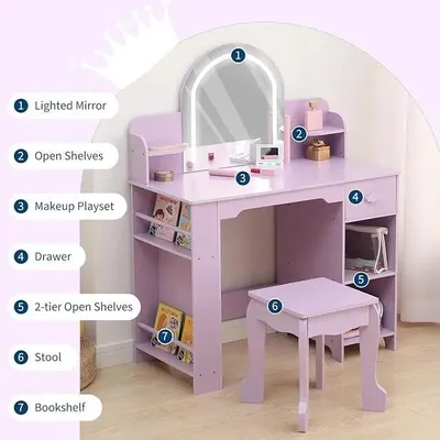 Produktbild von Kinderschminktisch - Frisiertisch - LED-Spiegel - Einstellbares Licht - Hocker inklusive - Holz - Schublade - Blau