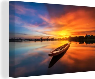 Obrázek produktu pro OneMillionCanvasses® - Obrazy na plátně - 140x90 cm, Loď - Voda - Západ slunce - Oranžová - Voda, Nástěnné umění tisk Nástěnná dekorace - Fotografie na plátně - Malba na plátně