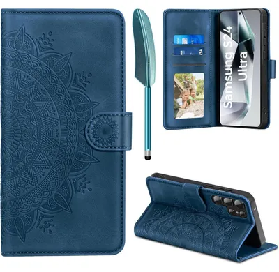 Produktbild von Handyhülle Flip Wallet für Samsung Galaxy S24 Ultra, Premium Kunstleder, Dunkelblau, Kartenfach, Magnet, Standfunktion