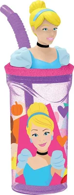 Produktbild von Tataway Disney Lila Plastikbecher für Mädchen Prinzessinnen Cinderella Rapunzel Belle Arielle Dornröschen 360 ml mit Strohhalm und 3D-Charakterfigur
