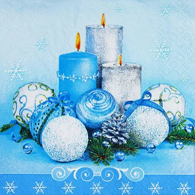 Produktbild von 40x Weihnachtsservietten 3-lagig 33 x 33 cm blaue Kerzen und Kugeln