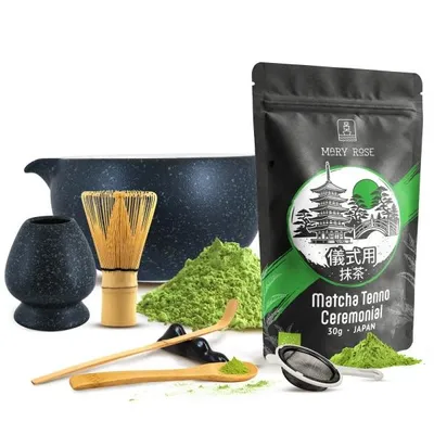 Produktbild von Mary Rose - Matcha Tee Ceremonial Set Pulver Tenno 30g - Keramik Schale Kurai 470ml Bambus Besen Chasen - Traditionelle Japanische Teezeremonie