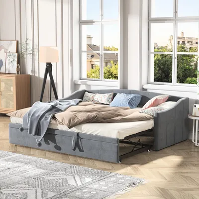 Immagine prodotto di Divano letto INONEFT, 90 x 200 cm, con struttura imbottita, rete a doghe e poggiatesta con schienale, letto matrimoniale con struttura estraibile, rivestito in velluto, colore grigio