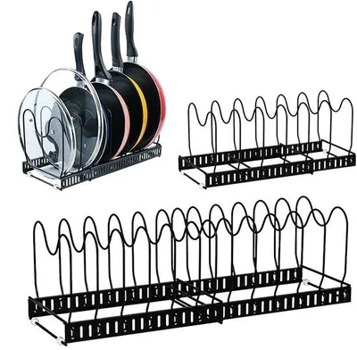 Image de Ibenzoa® : Étagère réglable pour casseroles et poêles – Système de rangement extensible pour placards de cuisine et plans de travail, gain de place, supporte jusqu'à 13 casseroles et poêles
