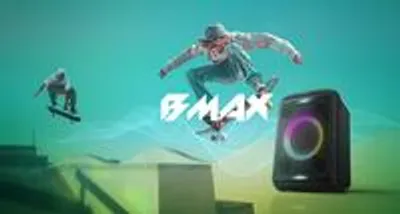 Two skateboarders performing tricks with a speaker in the foreground.