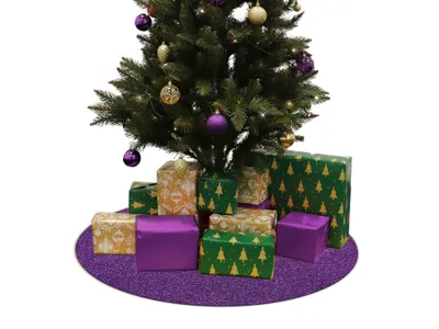A Christmas tree skirt with presents underneath.