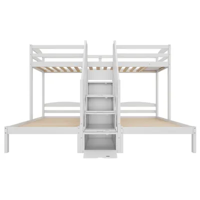 Produktbild von Flieks Etagenbett 90x200cm für 3 Kinder, Hochbett Kinderbett mit Stauraumtreppe, Stockbett Einzelbett mit Rausfallschutz und Lattenrost, Weiß