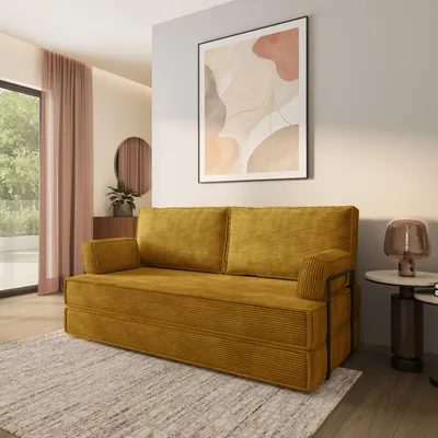 Produktbild von Masseno Schaumstoffsofa SILAR mit Schlaffunktion, Schlafsofa, Wohnzimmersofa, Couch, Sofa, Bettsofa, Kordstoff – Gelb POSO 01