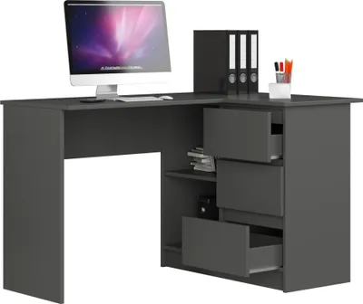 Image de BDW, bureau d'angle droit, 3 tiroirs, 4 étagères, gris droit