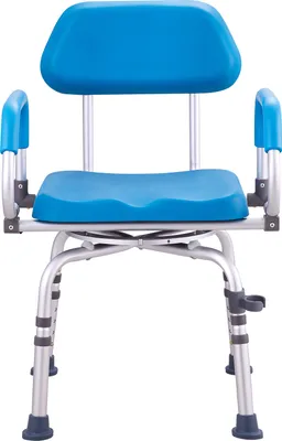 A front view of a blue and silver shower chair with armrests against a white background.