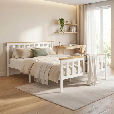 Produktbild von Homestyle4u Holzbett 140x200 Weiß Doppelbett Lattenrost Kopf- und Fußteil