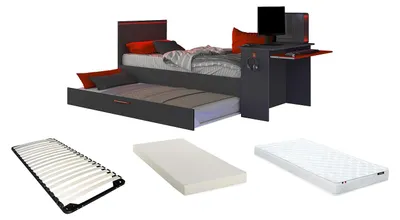 Produktbild von Ausziehbett Gamer mit Schreibtisch & LEDs - 90 x 200 und 90 x 190 cm + Lattenrost + Matratze - Anthrazit & Rot - VOUANI