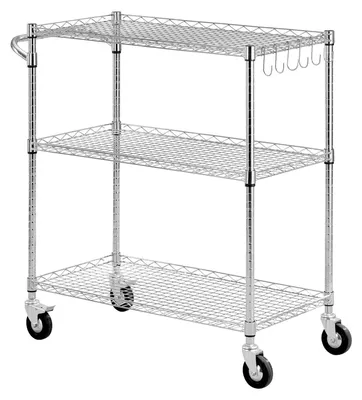 Produktbild von Küchenwagen, 3-stufiges, robustes, verstellbares Drahtregal, Gewerbe-Servicewagen aus Stahl mit Rollen, Arbeitstisch mit Handgriff, für Garage und Waschraum, 89x45x104 cm