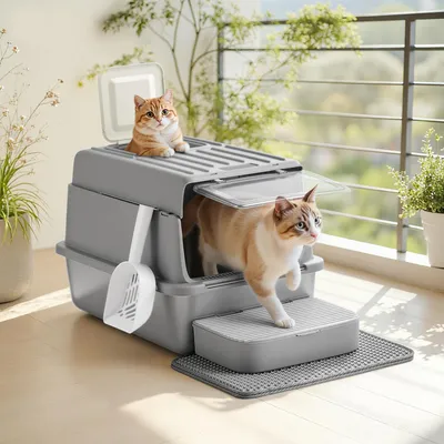 Two cats are on and around a modern, enclosed litter box on a balcony.