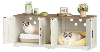 Image de Meuble pour bac à litière pour 2 chats - Meuble pour bac à litière - Discret, semi-fermé, avec tapis à griffer, pour le salon et la chambre - Marron et blanc