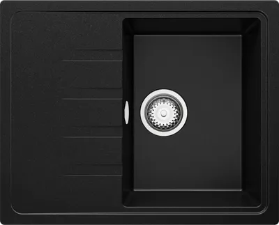A top-down view of a black granite kitchen sink with a single basin and a drain.