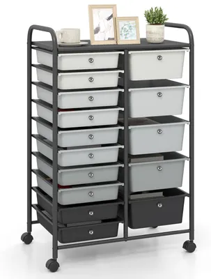 Produktbild von COSTWAY Rollcontainer mit 15 stapelbaren Schubladen, Rollwagen mit feststellbaren Rollen & Metallrahmen, Servierwagen Aufbewahrungswagen Schwarz