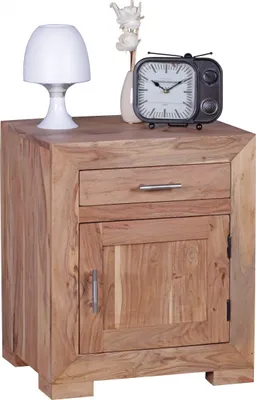 Produktbild von WOHNLING Nachttisch MUMBAI Massivholz Akazie Design Nachtkommode 60 cm mit Schublade und Tür Nachtschrank für Boxspringbett
