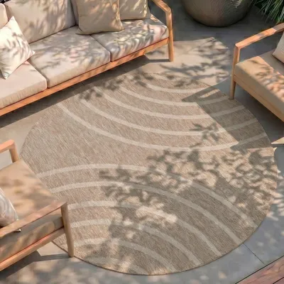 Produktbild von Volero - Outdoor Teppich Rund - Sierra Curves Beige Creme - Ø 160 cm - Wohnzimmer, Esszimmer, Garten, Terrasse, Wintergarten - Boho, Modern