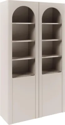 A front view of a two-door cabinet with arched glass fronts and shelves.