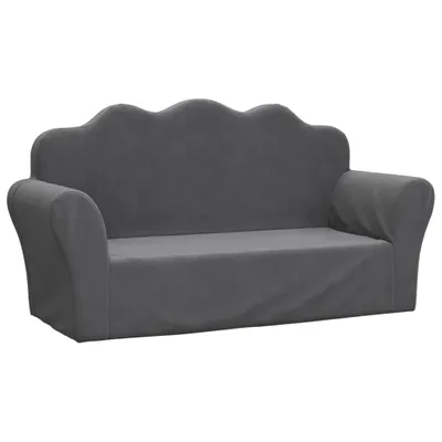 A studio shot of a gray two-seater sofa with a scalloped backrest.