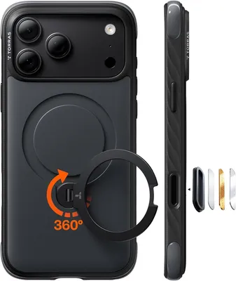 Obrázok produktu pre TORRAS Ostand Q3, ochranné puzdro pre iPhone 18 Pro s držiakom, vhodné pre telefóny s veľkými displejmi, 360° otočný držiak, kompatibilné s MagSafe, ochrana proti nárazom, robustné puzdro, čierna farba