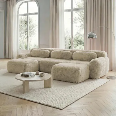 Produktbild von U-förmiges modulares Sofa, Plüschstoff, montagefrei & rutschfest mit Kissen, ergonomisch & hochelastisch, für Wohnzimmer & Schlafzimmer, Hellkhaki