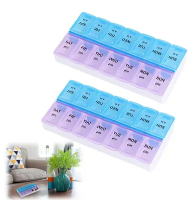 Produktbild von 2x Pillendose 7 Tage 14 Fächer Medikamenten Organizer 13,5x7x2,5 cm mit Erinnerung