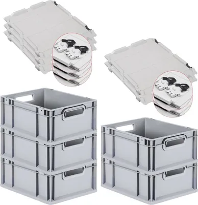 Produktbild von SuperSparSet 5x Eurobox NextGen Economy mit Scharnierdeckel und schwarzen Schiebeschnappverschlüssen | Griffe offen | HxBxT 17x30x40cm | 16 Liter | Eurobehälter, Transportbox, Transportbehälter, Stapelbehälter