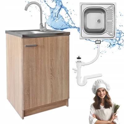 Produktbild von Stamar | Küchenschrank, 60 cm, Sonoma, Spüle, Chromarmatur Hoch und Drehbar Siphon